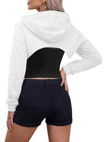 Women Crop Top Pullover Sweatshirt Long Sleeve Drawstring Hoodie - 白色 - 查看 5