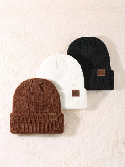 3 عبوات قبعات جمجمة شتوية من الجلد بشعار NYC للجنسين، قبعات محبوكة بحافة قابلة للطي للرجال للخارج في فصل الخريف