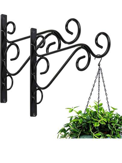 2/4 件黑色铁质植物悬挂支架，户外壁挂挂钩，可挂喂鸟器、灯笼、风铃，带螺丝