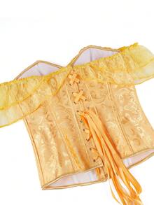 女式露肩提花褶饰腰部蕾丝吊带紧身胸衣上衣，适合新年派对、情人节、节日上衣、万圣节服装，复古 - 金色 - 查看 6