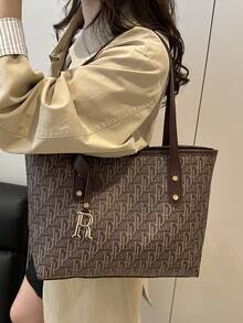 Large Capacity Letter Print Tote Bag, Quilted Shoulder Bag For Women, Commuting - Coffee - View 4