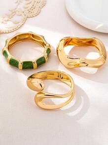 3pcs/1set Minimalist Fashion Gold Geometric Wave Asymmetrical Teardrop Bangle Bracelet Set, Suitable For Women, Thick Smooth Texture Heavy Metal And Zinc Alloy Material