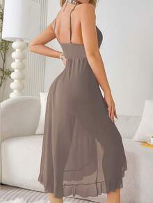 SOFUSEN 睡裙丁字裤内衣套装，性感V领无袖吊带睡裙配丁字裤，内衣套装 - 卡其色 - 查看 3