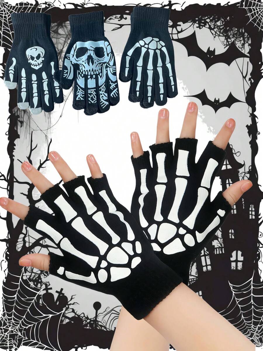 Skeleton Gloves Are Suitable For Halloween Role-Playing Parties And Daily Wear. They Are Ideal For Children's Winter Warmth, Luminous Halloween Costumes, Expression Accessories, Double Luminous Full-Finger Skeleton Gloves