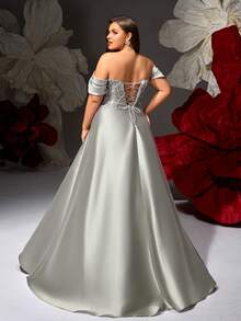 Elisanya Váy dạ hội sang trọng thanh lịch cỡ lớn dành cho nữ mới với thiết kế nhún ngực màu bạc - Bạc - Xem 2