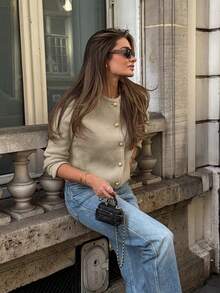 ملابس علوية نسائية كاجوال من القطن مزركشة بأزرار للياقة دائرية لفصل الخريف، مناسبة للعمل والمكتب