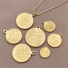 2pcs Stainless Steel Round Charm St Benedict Medals Cross Pendant Christian Metal Saint Pendant For Keychain Door Hanger Necklace DIY Jewelry Making - Gold - View 3