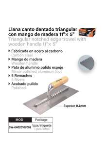Cuchara de espatulado triangular con dientes triangulares de acero al carbono (11 pulgadas * 5 pulgadas), con mango de madera, adecuada para la aplicación de masilla, colocación de azulejos y trabajos de construcción. - Plateado - Ver 2
