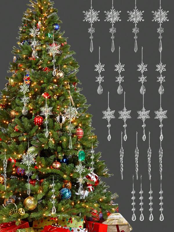 10pcs Christmas Tree Decoration Crystal Ornaments Acrylic Christmas Ornaments Snowflake Icicle Drop Crystal Hanging Ornaments For Xmas Tree Winter Holiday Frozen Party Decorations