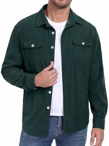 Men's Corduroy Button Down Long Sleeve Casual Shacket Western Shirt With Flap Pockets, 2025 Style - A07 深綠色 - 查看 5