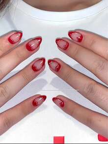 10片手工镂空心形红色美甲贴纸，白色性感甜美Y2K风格，适合女孩或女士在节日或特殊场合佩戴。 - 紅色 - 查看 4