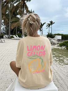 Plus Size Women's Casual Lemon Print Round Neck Short Sleeve T-Shirt, Suitable For Spring, Summer, Autumn, Vacation - Apricot - View 2