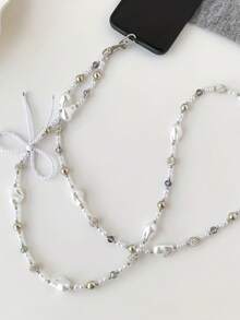 Silver Pearl Bow Rhinestone Ball Phone Lanyard, Crossbody Or Necklace Strap, Camera/Bag Charm For Women