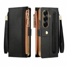 商务时尚多功能拉链钱包式真皮手机壳，采用电镀饰边，配备 S Pen 手写笔、支架功能和腕带，设有卡槽和现金槽，以及镜头保护膜，适用于三星 Galaxy Fold 5/6/7。 - 黑色 - 查看 14