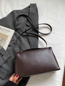 Bolso de mano con diseño de cámara vintage, bolsa tipo bento, bolsa de almuerzo con textura de litchi, bolso de moda vintage de alta gama para transporte otoño/invierno 2025 para llevar al hombro, debajo del brazo o cruzado - Café - Ver 11