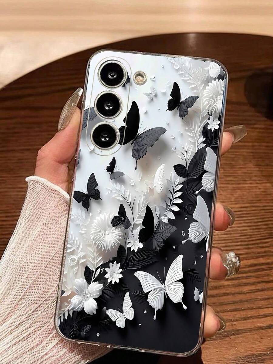 1pc Black & White Contrast Butterfly Flower Transparent Soft Phone Case Compatible With Samsung Galaxy A04e/12/A13/A14/A34/A50/A52/A53/A54/S21/S22/S23/S24/S25/S25Ultra