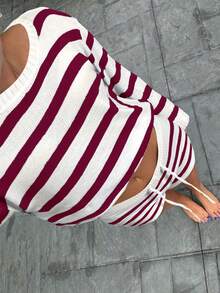 Mejors 女士 Y2K 可爱两件套条纹长袖针织衫上衣 + 短裤，抽绳腰带设计，适合旅行和日常穿着，休闲针织套装，女士春秋季、返校季、圣诞节、情人节，酒红色，红色 - 酒紅色 - 查看 3