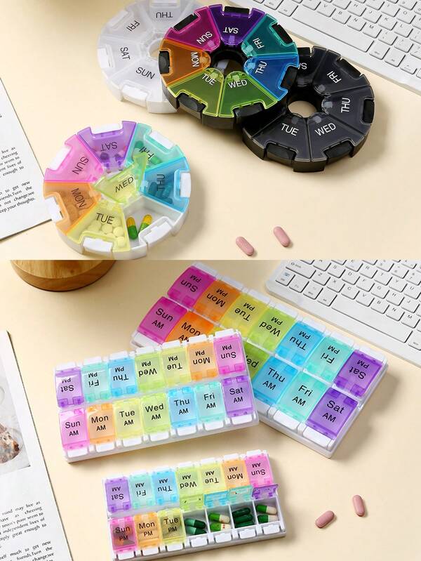 Single/Double Row One-Week Pill Box, Round Press-Type Pill Organizer, 7/14-Compartment Pillbox Of Different Sizes, Daily Regular Reminder Pill Box Monday To Sunday Full Coverage Travel Carry-On & Handbag Essentials, Efficient Management Of Vitamins & Medicines