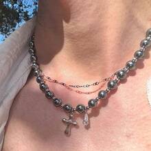 Flower On Neck ~ Special-Interest Design Iris Tectorum Flower Silver Pearl Necklace Men's And Women's Same Choker Clavicle Chain - Thánh giá ngọc trai #XL188 - Xem 10