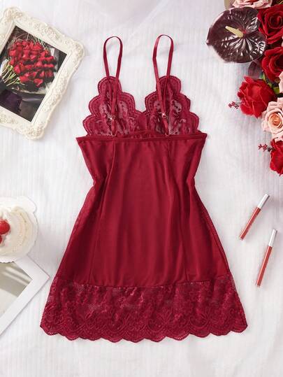 Ning xue yan ying Piece Set Of Wine Rood Verleidelijke Spaghetti Strap Bow ation,Backless Suspender Dress,Spaghetti Strap,Mesh Sleeping, ,Bridal Lingerie, Lingerie Dress Rave view 10