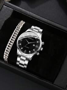 2pcs Men's Silver Watch Set: Casual Fashion Men's Watch With Black Dial And Diamond Decor + Cuban Link Bracelet - Valentine's Day, Birthday, Father's Day, Anniversary Gift, Suitable For Business And Daily Wear