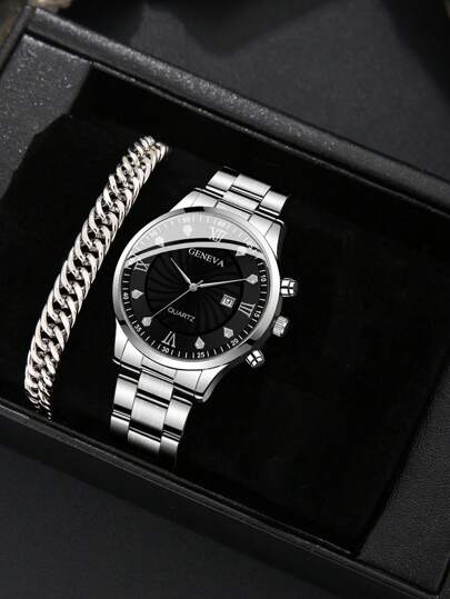 2pcs Men's Silver Watch Set: Casual Fashion Men's Watch With Black Dial And Diamond Decor + Cuban Link Bracelet - Valentine's Day, Birthday, Father's Day, Anniversary Gift, Suitable For Business And Daily Wear