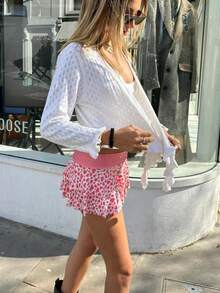 Women's Layered Pleated Mini Skirt, Summer Polka Dot/Stripe/Heart-Shaped Print/Solid Color High Waisted Short Skirt, Suitable For School Season - 粉色 - 查看 4
