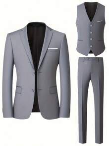 Men's Three-Piece Suit Set, Suitable For Business Casual And Wedding Formal Occasions, As Well As Attire For Official Office, Parties, Holidays And Travel, Featuring A Slim-Fit Classic Style. - 灰色 - 查看 4