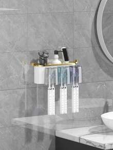 1pc Toothbrush Holder Wall Mounted, Bathroom Organizer With 4 Cups, Automatic Toothpaste Dispenser, Electric Toothbrush Holder, Adhesive Storage Caddy, No Drilling, Bathroom Accessories For Family & Adults, Essential For Halloween Guest Prep, Perfect Christmas Gift For Home. Bathroom Accessories Bathroom Tools - Multicolor - View 9