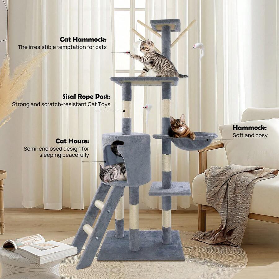 Royalswill Cat Tree Tower Scratching Post Activity Centre 140cm Climbing Frame Big/Little Cat Play Tower Indoor/Outdoor Play & Rest - Light Grey - View 1