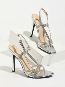 Sandalias de tacón alto de stiletto con punta redonda, estampado de hojas de bambú, hebilla con lazo de strass, elegantes, lujosas, de moda, adecuadas para banquetes, fiestas, glamorosas, tacones altos plateados