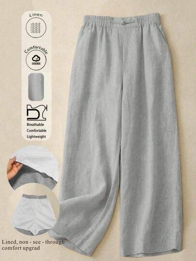 Bekväma, avslappnade linnebyxor med handknäppning och foder för kvinnor, icke-transparenta, uppgraderade i termer av komfort