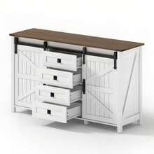 Vintage Sideboard Kücheninsel Beistellschrank mit Schiebetüren und 4 Schubladen,Kaffeebar mit Stauraum,für Küche, Esszimmer,weiß