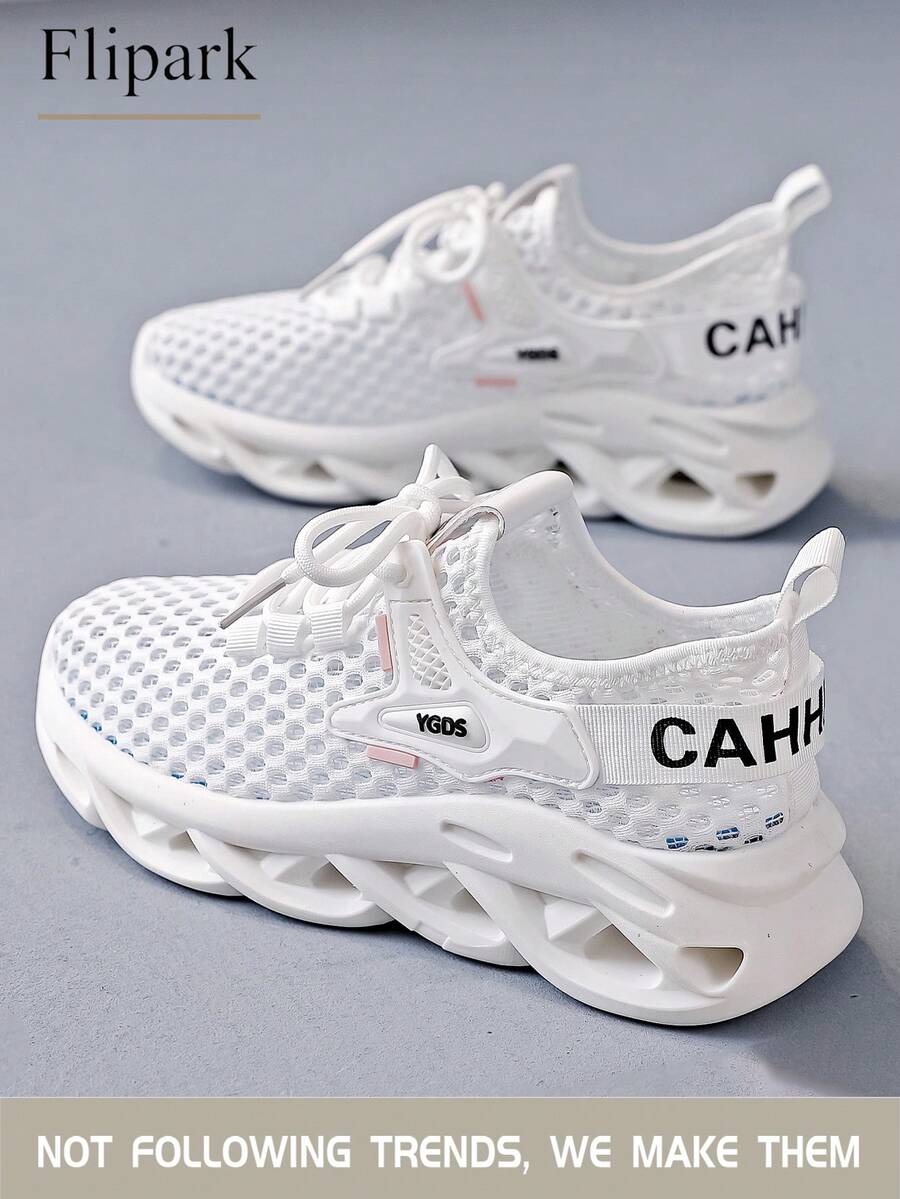 Flipark 1 双女士时尚纯色跑步鞋，透气防滑运动鞋，轻便舒适的户外运动鞋，减震厚底老式厚底运动鞋，网眼面料一脚蹬袜子鞋，百搭休闲户外学校旅行步行鞋 - 白色 - 查看 1