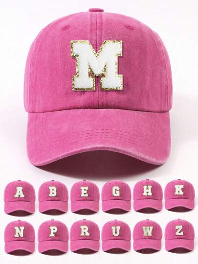 1 件时尚紫红色 26 个字母贴片纯色休闲帽，街头风格外出派对遮阳帽可调节老爹帽，男女通用户外防晒四季帽