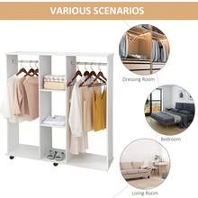 HOMCOM Double Open Wardrobe On Wheels, Bedroom Wardrobe With Clothes Hanging Rails, 3 Storage Shelves, Mobile Garment Rack For Cloakroom, Hallway, White - White - View 5