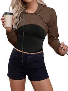 Women Crop Top Pullover Sweatshirt Long Sleeve Drawstring Hoodie - 棕色 - 查看 6