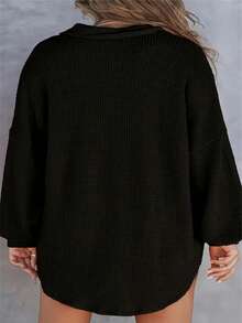 大码华夫格针织拉链口袋长袖上衣，宽松版型，欧美流行秋冬款式，大码 - 黑色 - 查看 3