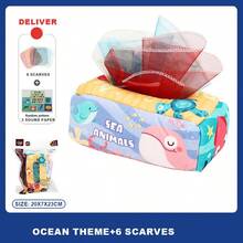 1 套 10 件婴儿纸巾盒玩具 - 蒙特梭利设计柔软毛绒纸巾盒玩具，适合 6-12 个月婴儿，柔软填充，可重复使用的丝质围巾，培养宝宝的精细运动技能，高对比度皱纹感官玩具，包括 3 张发声纸和 6 条围巾，适合男孩和女孩的早教生日礼物（部分配件颜色随机）