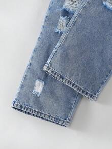 Set de 2 piezas Conjunto informal de estilo callejero para niñas preadolescentes, camiseta de manga larga blanca y jeans de mezclilla azul desgastados, nueva llegada de primavera/verano - Multicolor - Ver 8