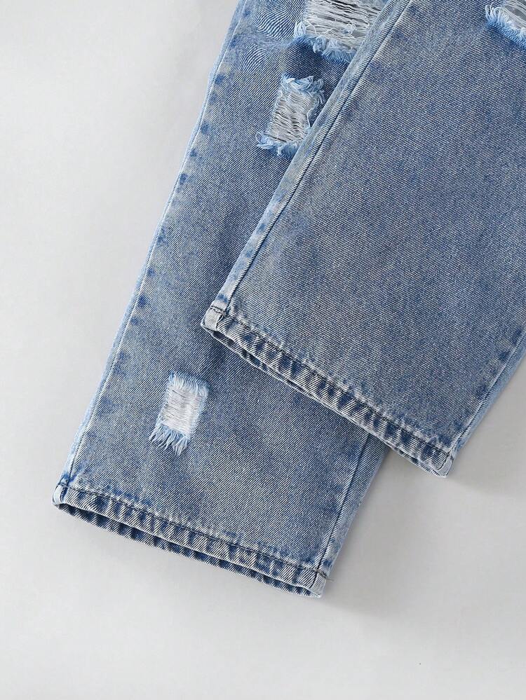 2pcs/Set Tween Girls Casual Street Style Outfit, White Long Sleeve T-Shirt And Blue Distressed Denim Jeans, Spring/Summer New Arrival - Multicolor - View 8