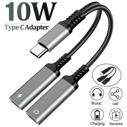 محول شحن سريع ذو منفذي USB-C 2 في 1، محول سماعات نوع C، محول صوتي متوافق مع هاتف 15/16