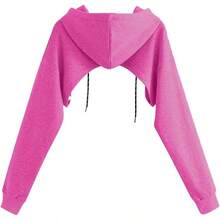 Women Crop Top Pullover Sweatshirt Long Sleeve Drawstring Hoodie - Hot Pink - View 2