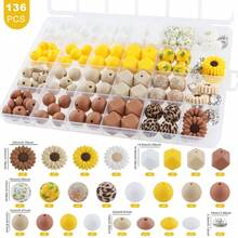 136 件/盒，珠宝制作套件，多色向日葵硅胶珠，以及 15 毫米硅胶圆珠、14 毫米硅胶六角珠和 12 毫米硅胶豆珠混合在一起，可用于 DIY 手工手链、圆珠笔、串珠钥匙扣、背包吊坠等。硅胶材质坚固耐用，可作为礼物赠送 - 彩色 - 查看 14