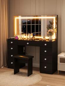 VOWNER 47.2" Large Vanity Desk With LED Lighted Mirror, Modern Makeup Vanity With Power Outlet, 9 Drawers And Soft Stool, 3 Color Light Modes, Brightness Adjustable, Bedroom Vanity Set Gifts For Girls Women, Halloween & Thanksgiving - Xem 2