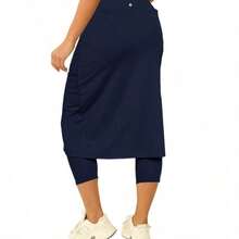 Fisoew Women Tennis Skorts With Pockets Golf Workout Skirted Leggings Yoga Capri Pants Summer Activewear Running Fitness Skirts - 深藍色 - 查看 3