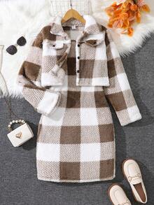 2pcs Girls Warm & Fashionable Outdoor Outfit, Long Sleeve Contrast Plaid Fuzzy Button Jacket And Autumn/Winter Suspender Dress