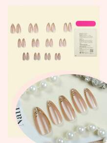 24pcs Pink Cat Eye French Manicure Nail Stickers, Almond Shape, Gold Line Decor, Minimalist Style, Smooth Surface, Full Coverage False Nails, Suitable For Women And Girls Daily Wear