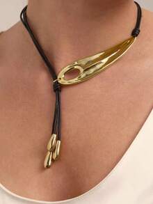 1 件水滴流苏皮革羽毛几何简约金属金色项链，适合女士，适合宴会、派对、正式场合、日常服装配饰