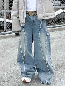 Calça Jeans Masculinos de Perna Reta Larga, Lavagem Desbotada Vintage Barra Desgastada Estilo de Rua Casual Perna Larga